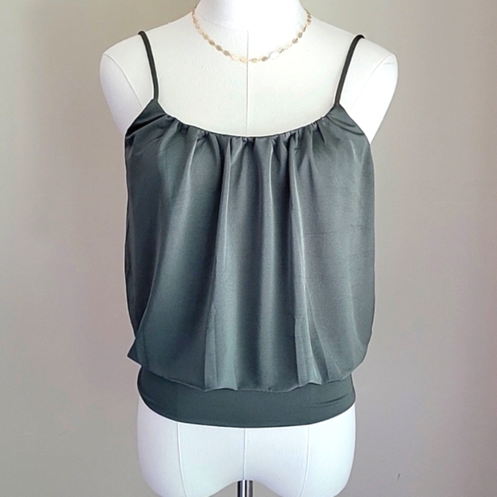 Express Cami Green Ruched Neckline Banded Tank Top Neutral Silky Material EUC